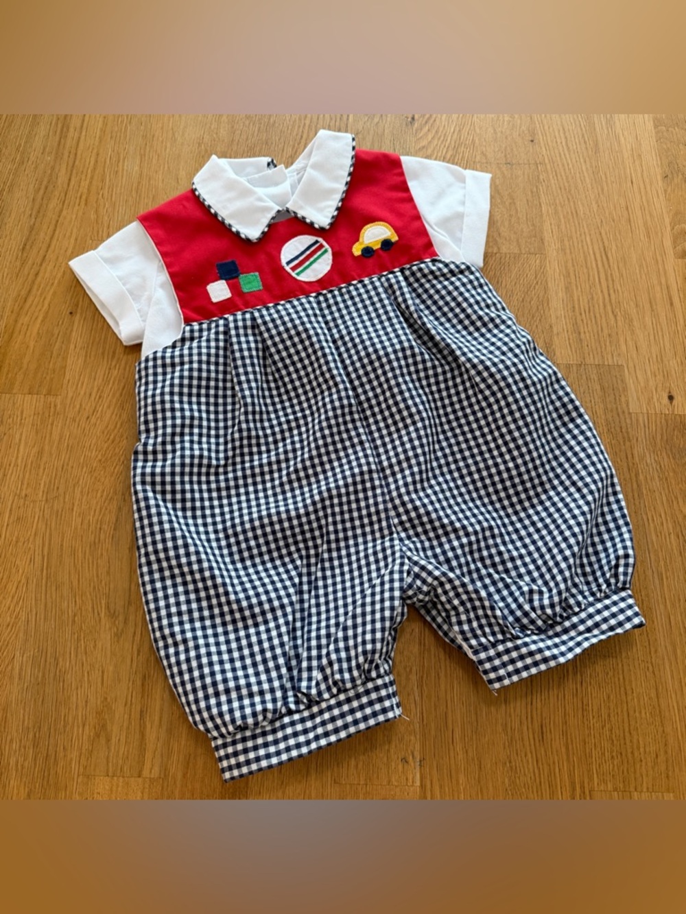 Vintage Sylvia Whyte 12 MONTHS Blue White Gingham Short Sleeve One Piece Romper